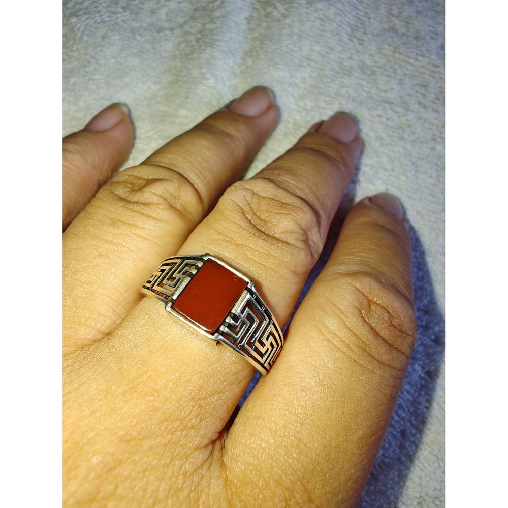 Ring Mens Solid 925 Sterling Silver Geometric Greek Key Red Flat Stone Size 11.5